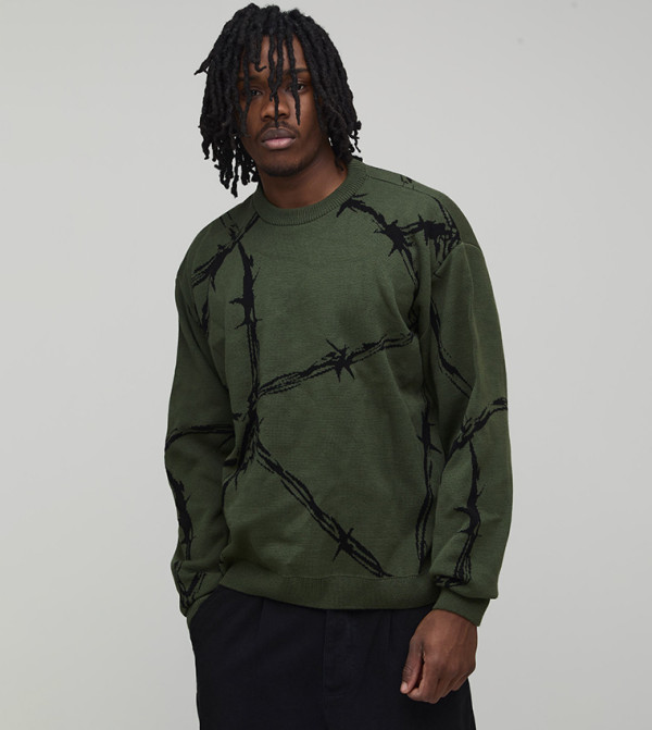 Tall Barbed Wire Jacquard Crew Neck Oversized Sweater