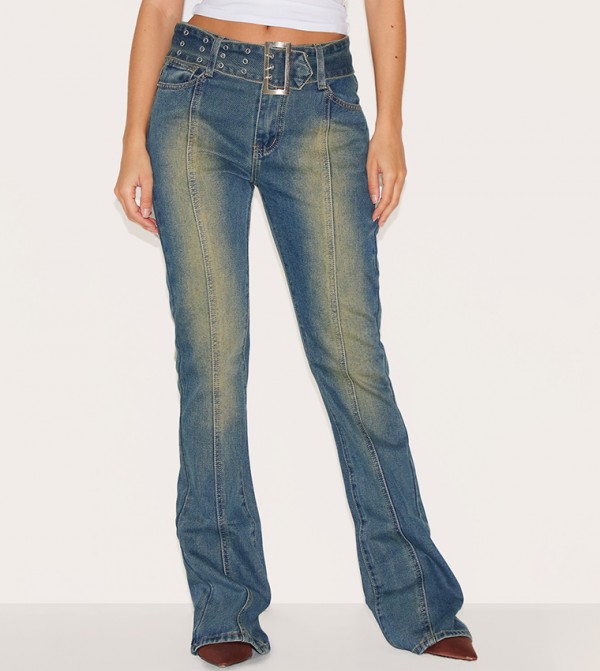 Belted Seam Front Flared Jeans