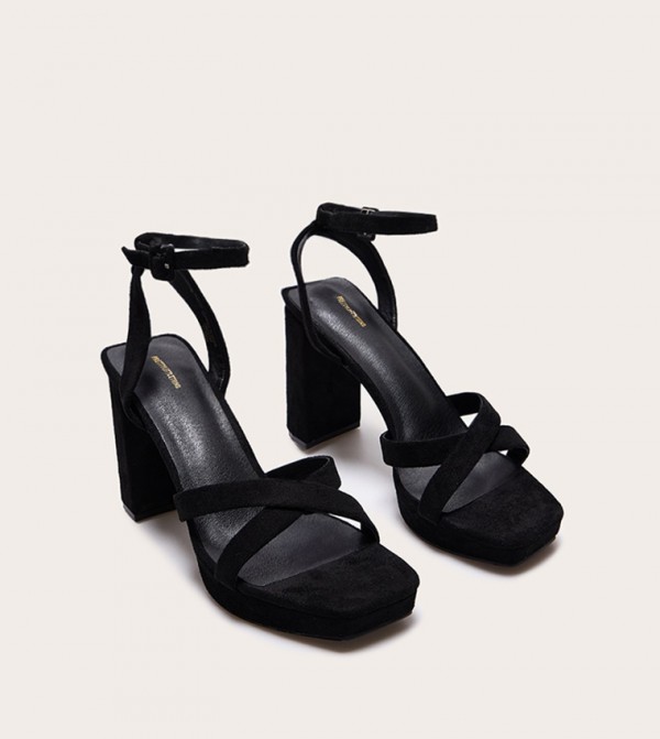 Faux Suede Square Toe Lace Up Platform Heel Sandals