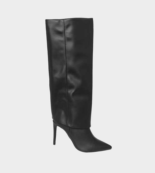 PU Point Toe Fold Over Heeled Knee High Boots