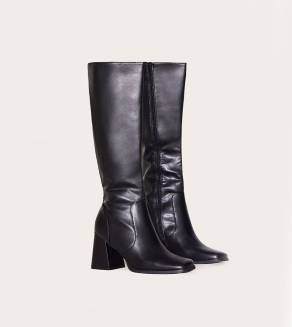 PU Square Toe Flare Block Heel Knee High Boots