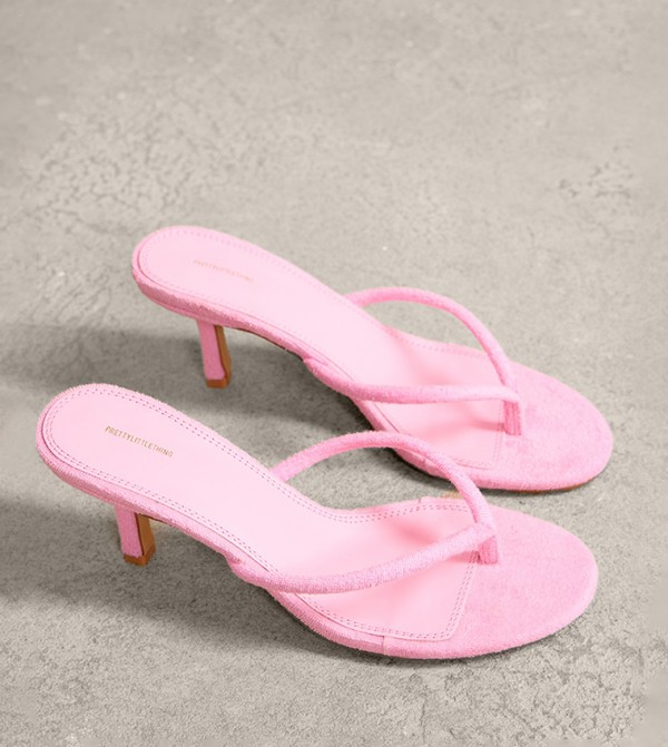 Towelling Round Toe Thong Mid Heeled Mules