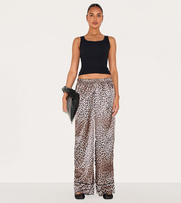 Leopard Printed Satin Wide Leg Trousers