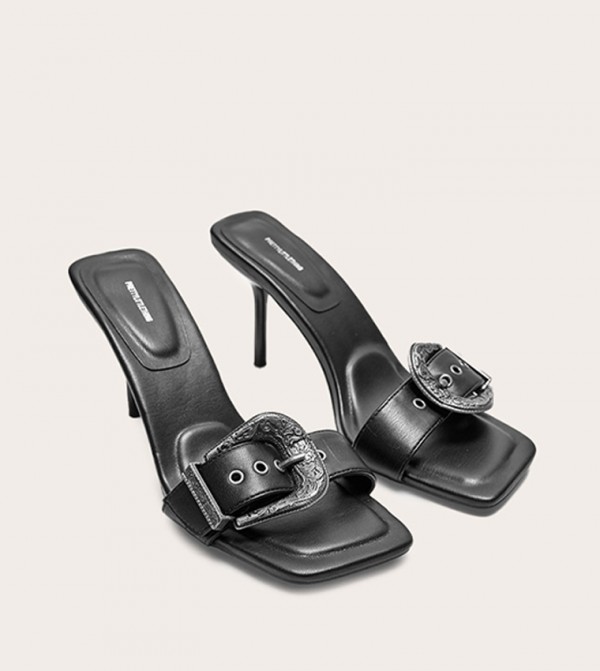 PU Square Toe Western Buckle High Stiletto Heel Sandals