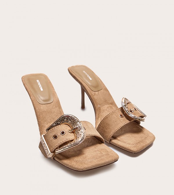 Faux Suede Square Toe Buckle High Stiletto Heeled Sandals