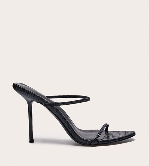 Label Detail Croc Faux Leather High Heeled Sandals