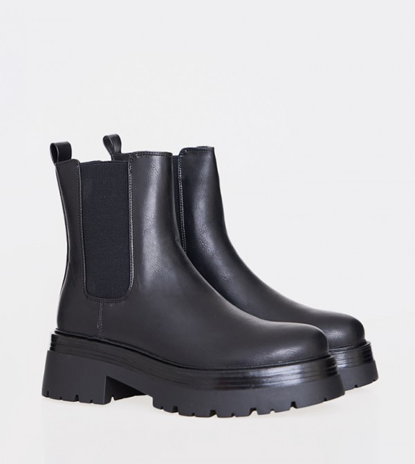Round Toe Chunky Sole Elastic Chelsea Boots