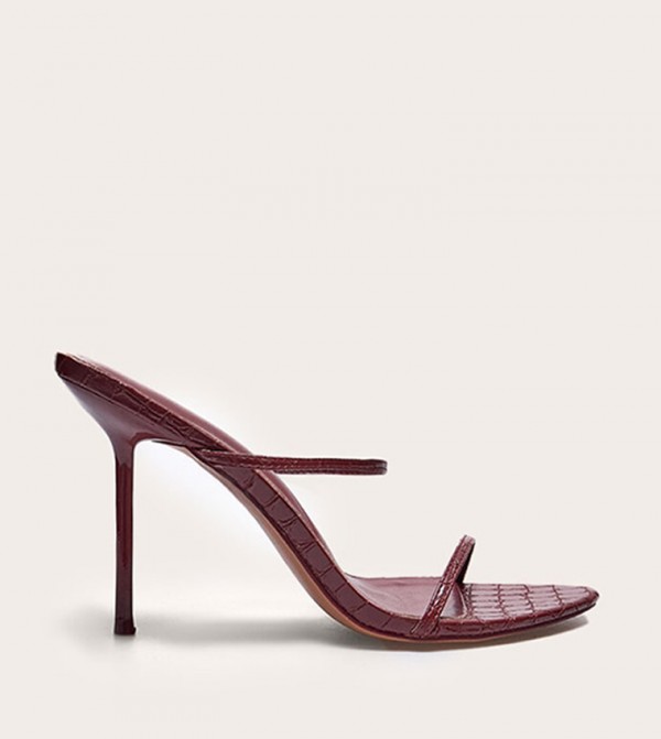 Label Detail Croc Faux Leather Pointed Toe High Heel Sandals