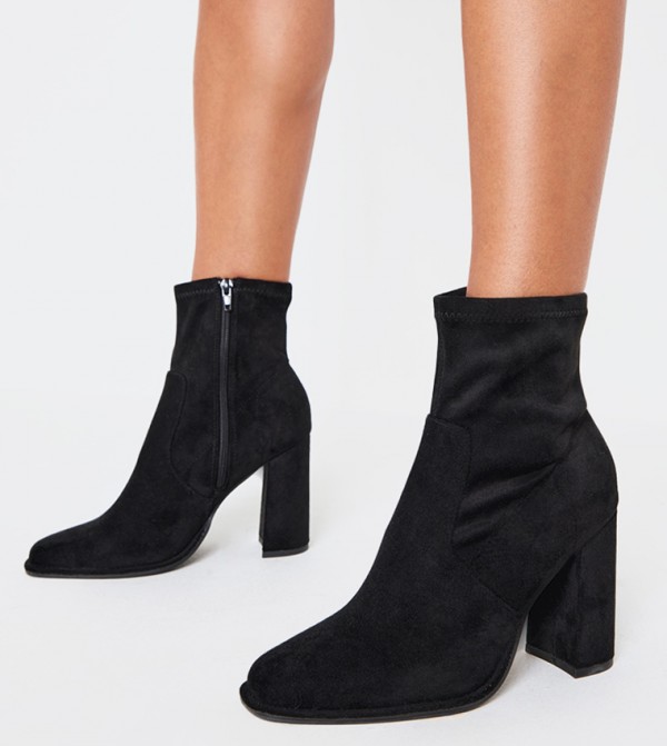 Faux Suede Round Toe High Block Stiletto Heeled Boots