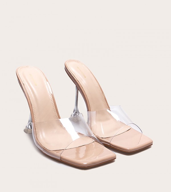 PU Square Toe Clear Perspex Heeled Sandals