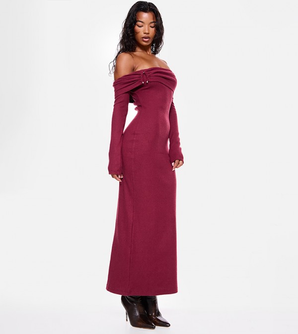 Heavy Brushed Rib Bardot Trim Maxi Dress