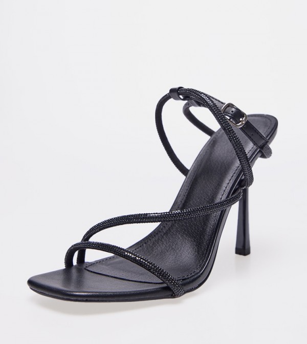 PU Square Toe Diamante Asymmetric Strap High Heels Sandals