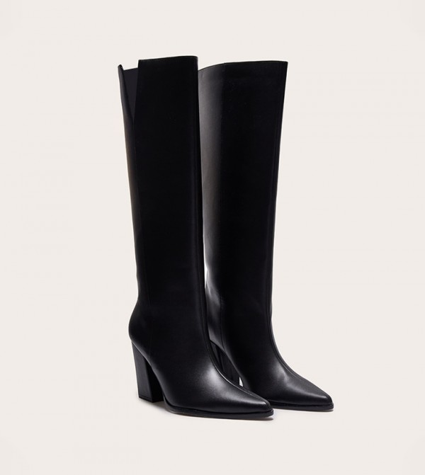 PU Point Toe Block Heeled Knee High Boots