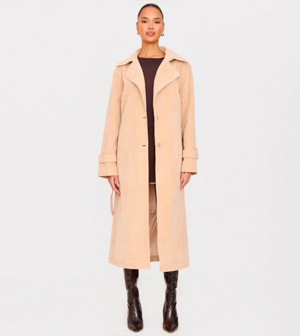 Faux Suede Buckle Belt Trench Coat