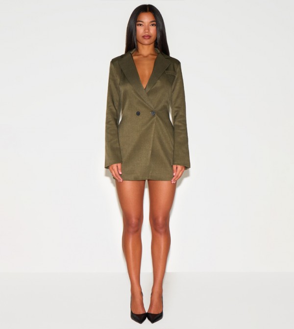Woven Double Breasted Cinched Waist Blazer Dress