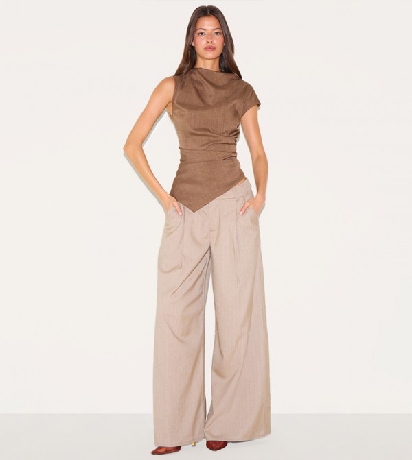 Woven Ruched Asymmetric Long Top