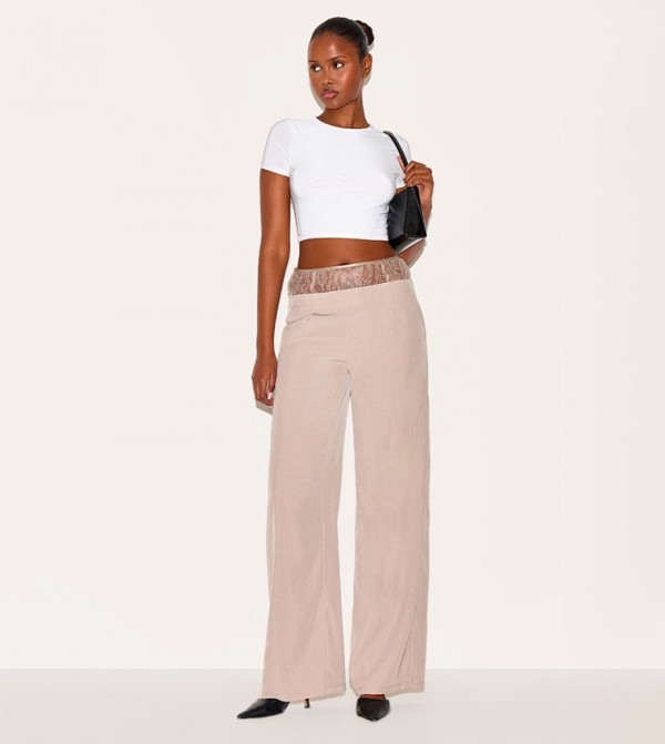Lace Waist Detail Woven Wide Leg Trousers