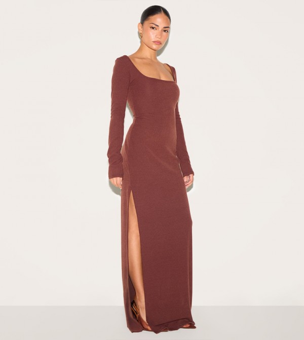 Petite Ribbed Long Sleeves Maxi Dress