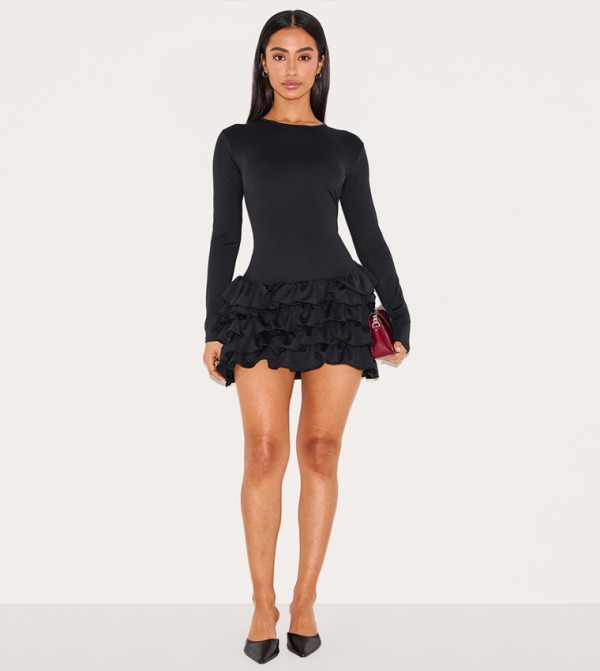 Petite Long Sleeves Frill Detail Shift Mini Dress