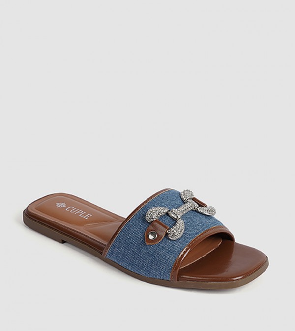Embellished Denim Flat Sandals
