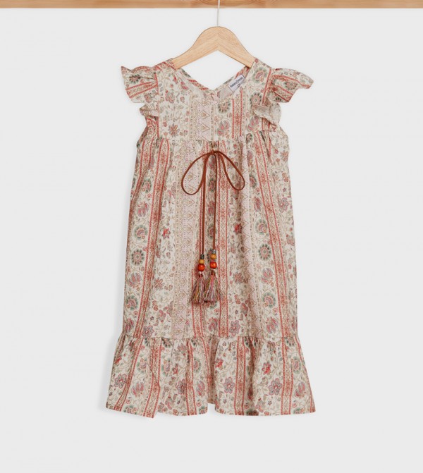 Patterned Bow Detail Tiered Dress