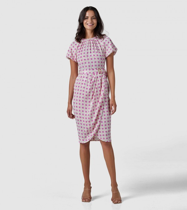 Polka Dots Gathered Neck Tulip Hem Dress
