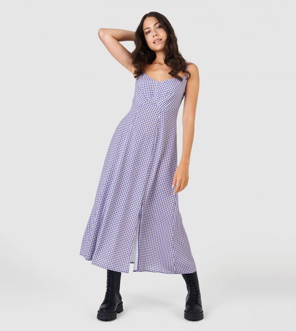 Checkered A-Line Dress with Slit Detail