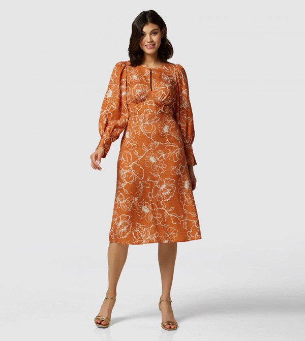 Printed Bishop Sleeves Midi Dress