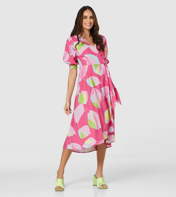 Buy Coast Blouson Sleeves Hem Sweep Wrap Dress In Pink