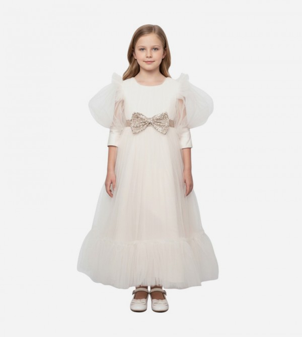 Bow Detailed Puff Sleeves Tulle Gown