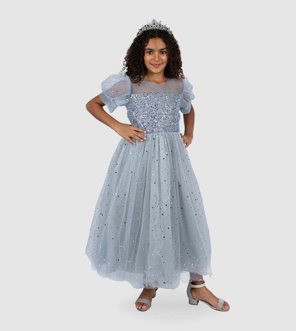 Sequin Puff Sleeves Party Gown