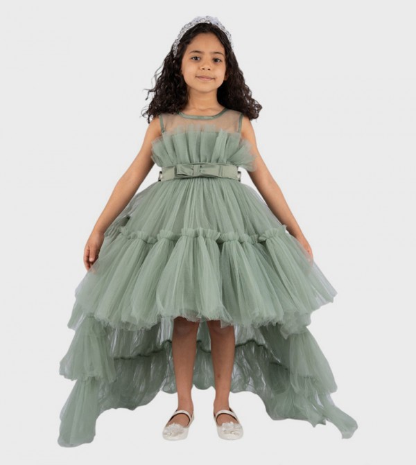 Bow Front Ruffle Hem Mesh Gown Dress