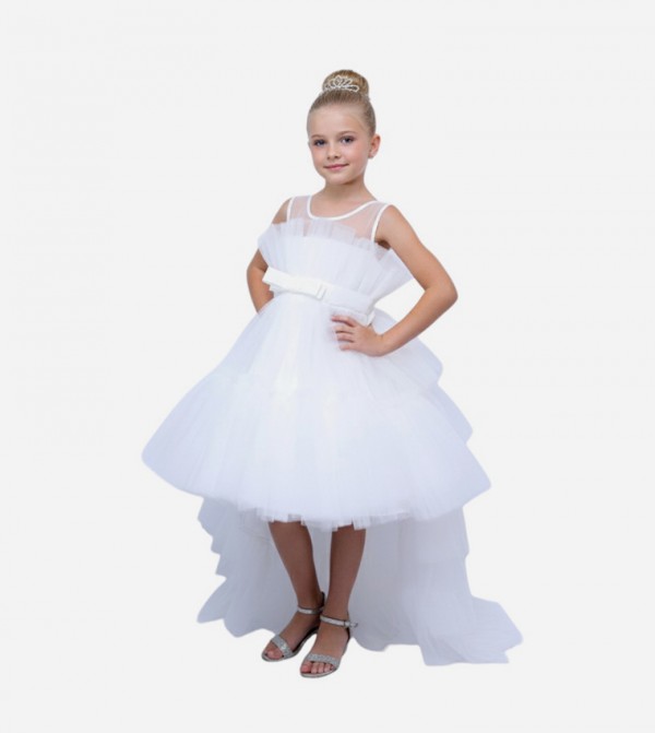 Bow Detail Ruffle Hem Mesh Dress