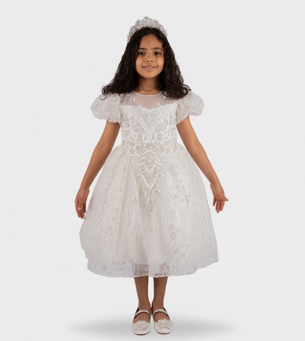 Sequined Lace Puff Sleeves Dress