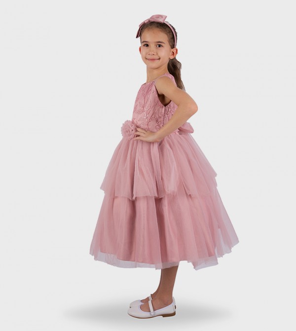 Embroidered Layered Dress with Headband