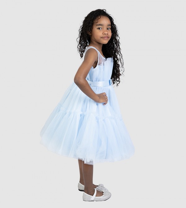 Girls Bow Front Tulle Dress with Long Trail