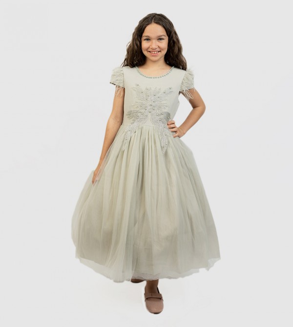 Veolia Pearl Detail Round Neck Party Dress