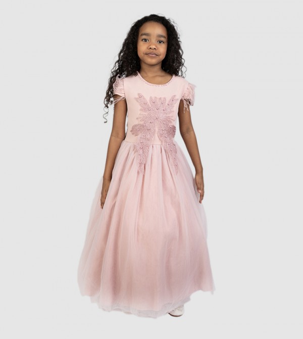 Veolia Pearl Detail Round Neck Party Dress