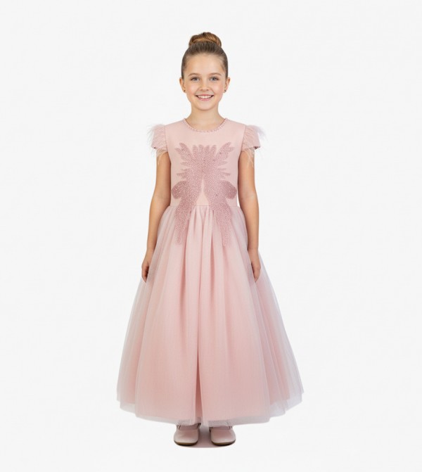 Veolia Pearl Detail Round Neck Party Dress