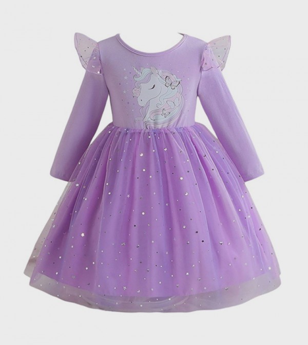 Unicorn Glitter Long Sleeves Fit and Flared Dress