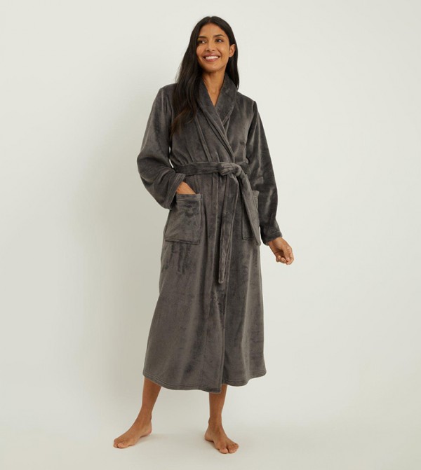 Buy Debenhams Sleek Fleece Long Length Robe in Grey 6thStreet UAE