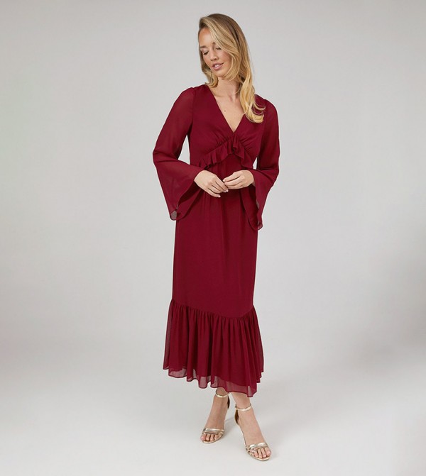 Debut London Kimono Sleeves Tiered Hem Georgette Midi Dress