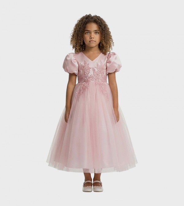 Puff Sleeve Long Tulle Pearl Dress