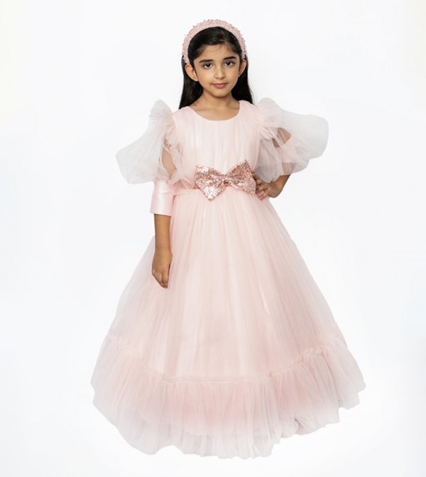 Bow Detailed Puff Sleeves Tulle Gown