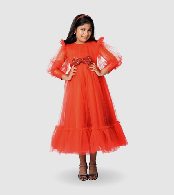 Bow Detailed Puff Sleeves Tulle Gown