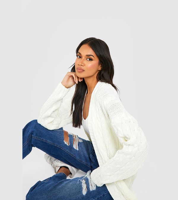 Buy Boohoo Oversized Slouchy Cable Knit Cardigan In White