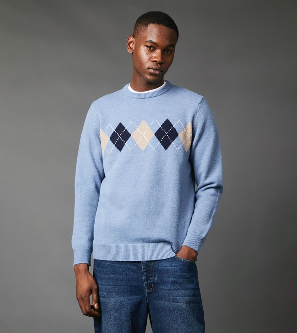 Argyle Patterned Crew Neck Sweater
