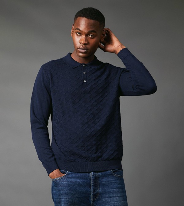 Textured Long Sleeves Polo T-Shirt