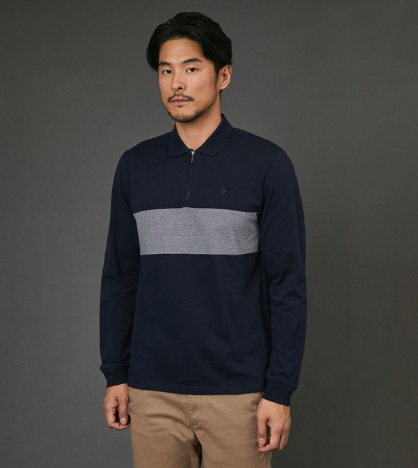 Birdseye Chest Stripe Zipper Neck Polo T-Shirt