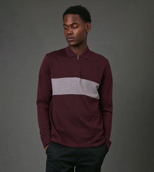 Birdseye Chest Stripe Zipper Neck Polo T-Shirt